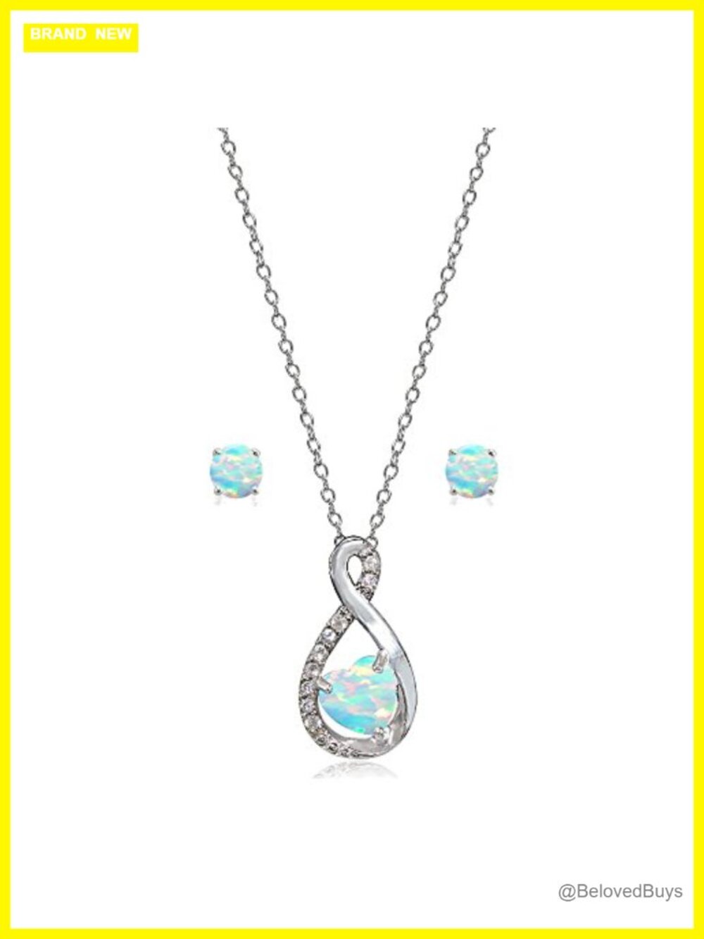Sterling Silver Simulated Opal Heart Jewelry Set Necklace Earrings